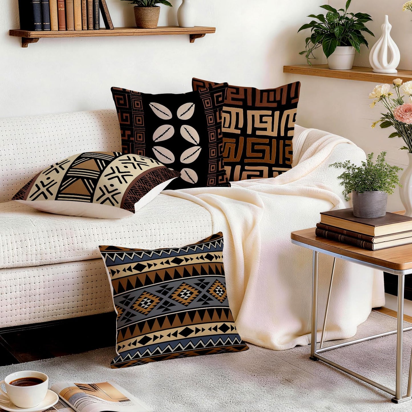 ORMAN African Ethnic Pillow Covers 18x18 Inches Set of 4, Retro Traditional Pillow Case for Couch Sofa Bedroom Living Room Outdoor