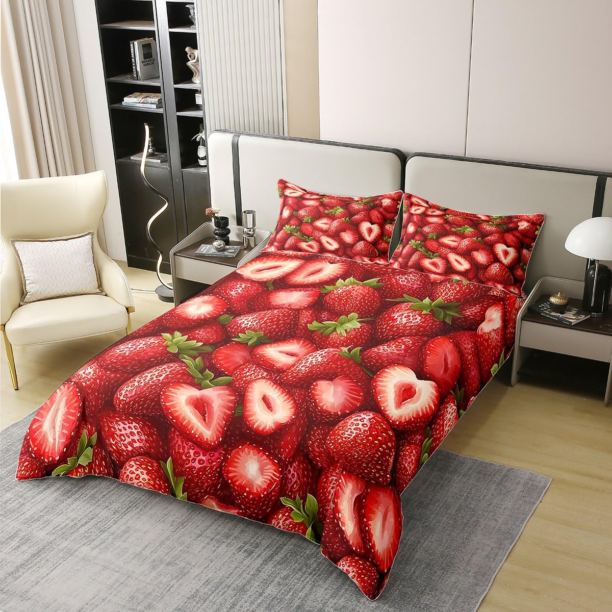 Manfei Cute Strawberry 100% Cotton Duvet Cover Set Twin Size, Kawaii Fruits Bedding Set 2pcs, Red Strawberries Print Quilt Cover, Kids Girls Teens Room Decor, 1 Pillowcase,No Comforter
