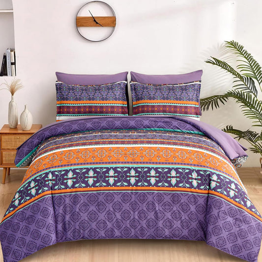 WONGS BEDDING Boho Comforter Set Queen Size,7 Pieces Bohemian Comforter Bedding Set Bed in a Bag,Purple Paisley Floral Comfortet with Sheet Set,Soft Microfiber Striped Bedding Sets for All Season