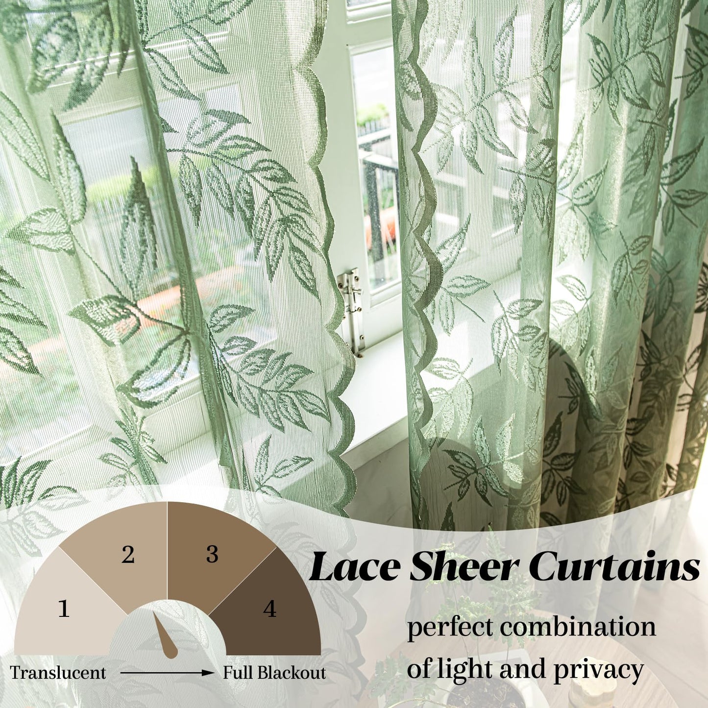 Sutuo Home Olive Green Lace Curtains 84 Inches Long for Bedroom Living Room, Leaf Embroidery Window Sheer Drapes Pair, Rod Pocket Vintage Country Window Treatments Set of 2 Panels, 57" W x 84" L