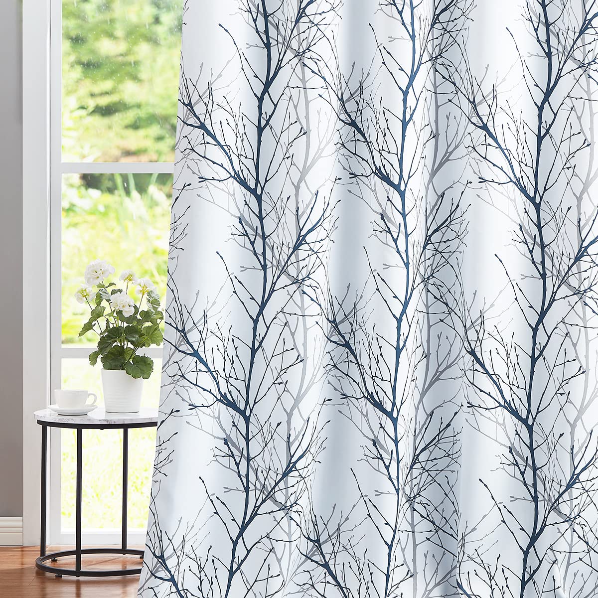 FMFUNCTEX 100% Blackout Curtains for Bedroom, Blue White Tree Curtains 84 Inches Long for Living Room, Grey Farmhouse Room Darkening Window Curtains for Summer Winter 2 Panels Grommet Top
