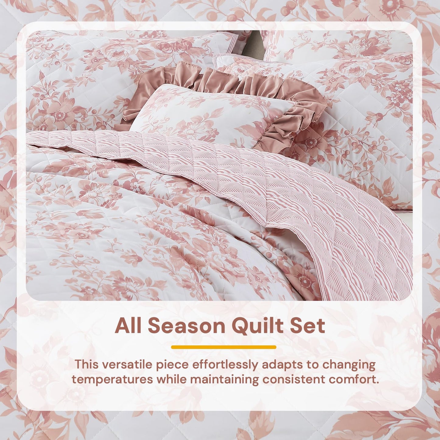 BLOOMHAVEN Quilt Set Queen Size, Dusty Rose Floral Quilt Sets, Reversible Bedspread Lightweight and Breathable for All Seasons, Soft Quilted Bedspread with 2 Pillow Shams