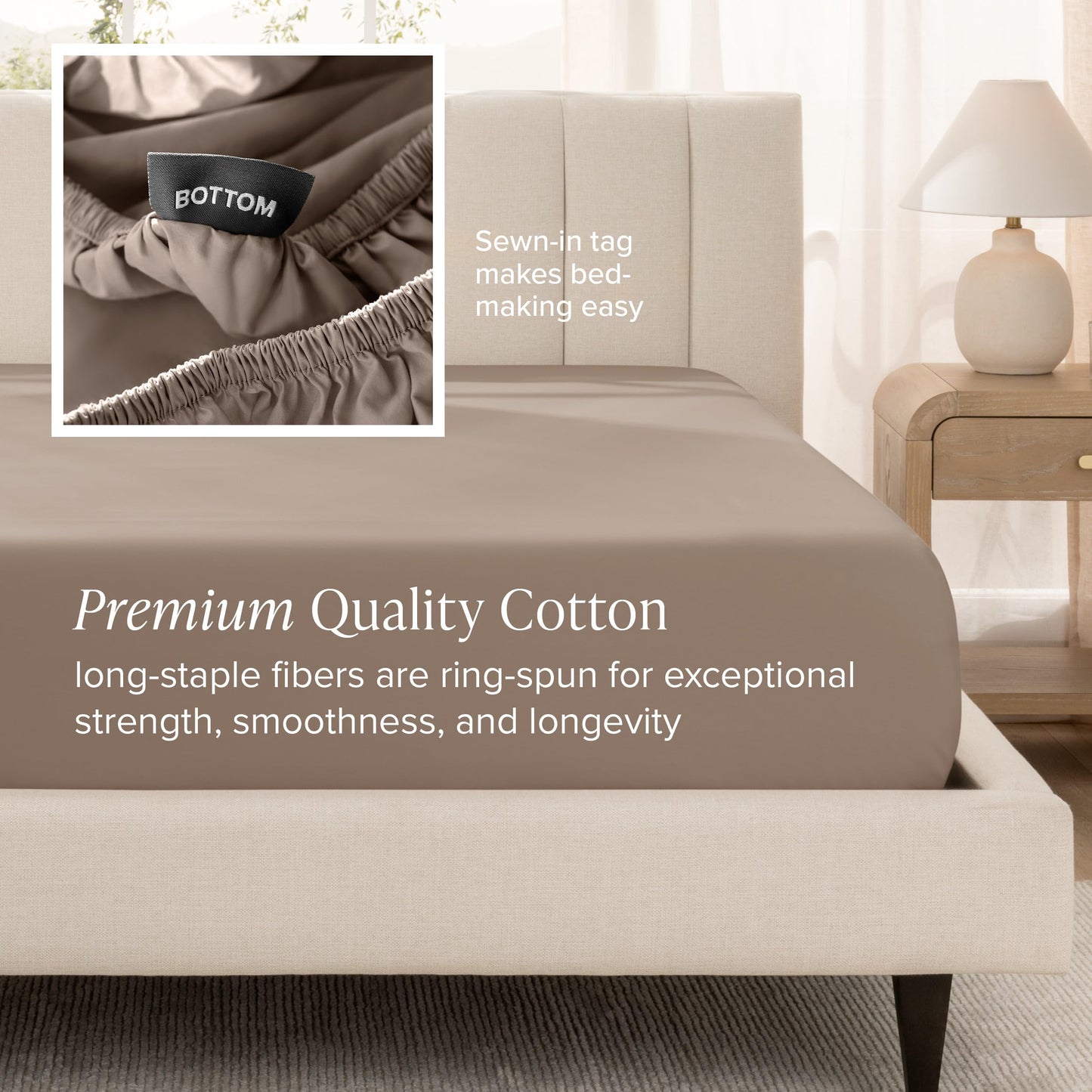 Bare Home 100% Organic Cotton Sateen Fitted Sheet - 400 Thread Count - Smooth Sateen Weave - Breathable & Cooling - Hotel Luxury - Durable Fitted Sheet - Deep Pocket (King, Taupe)