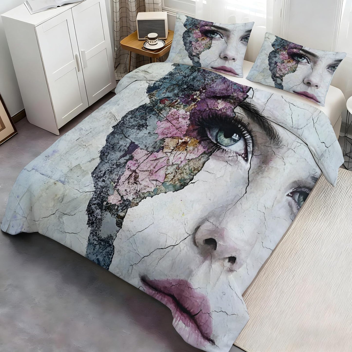 PAISUOQ Woman Duvet Cover Queen, Floral Woman Bedding Sets, Fashion Girl Comforter Cover with 2 Pillowcases, 3 Pieces with Zipper & Ties, Dorm Decor & Gifts