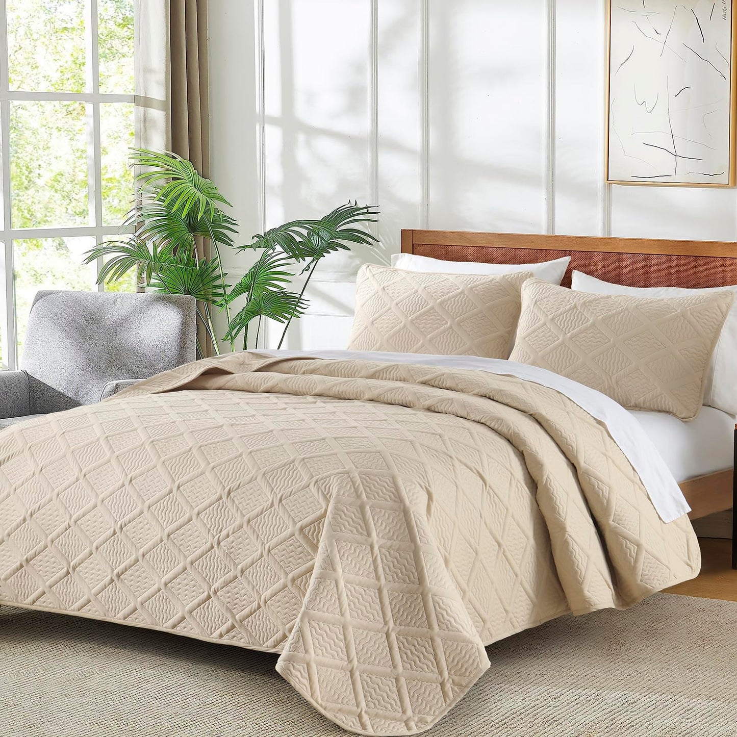 Yiran Camel Quilt Set Queen Size, 3 Piece Reversible Bedspreads Bedding Set, Fall Diamond Pattern Coverlet for All Season with 2 Pillow Shams (Full/Queen, 96x90 Inch)