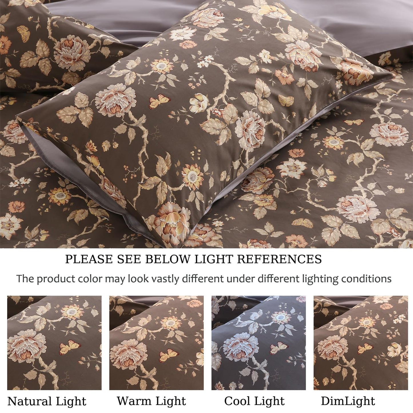 Zusbest Grey Brown Duvet Cover King 100% Cotton Shabby Vintage Floral Bedding Mocha Comforter Cover with Zipper, Soft Skin-Friendly Breathable, Peony Flower Print Bed Set, 3 Pcs