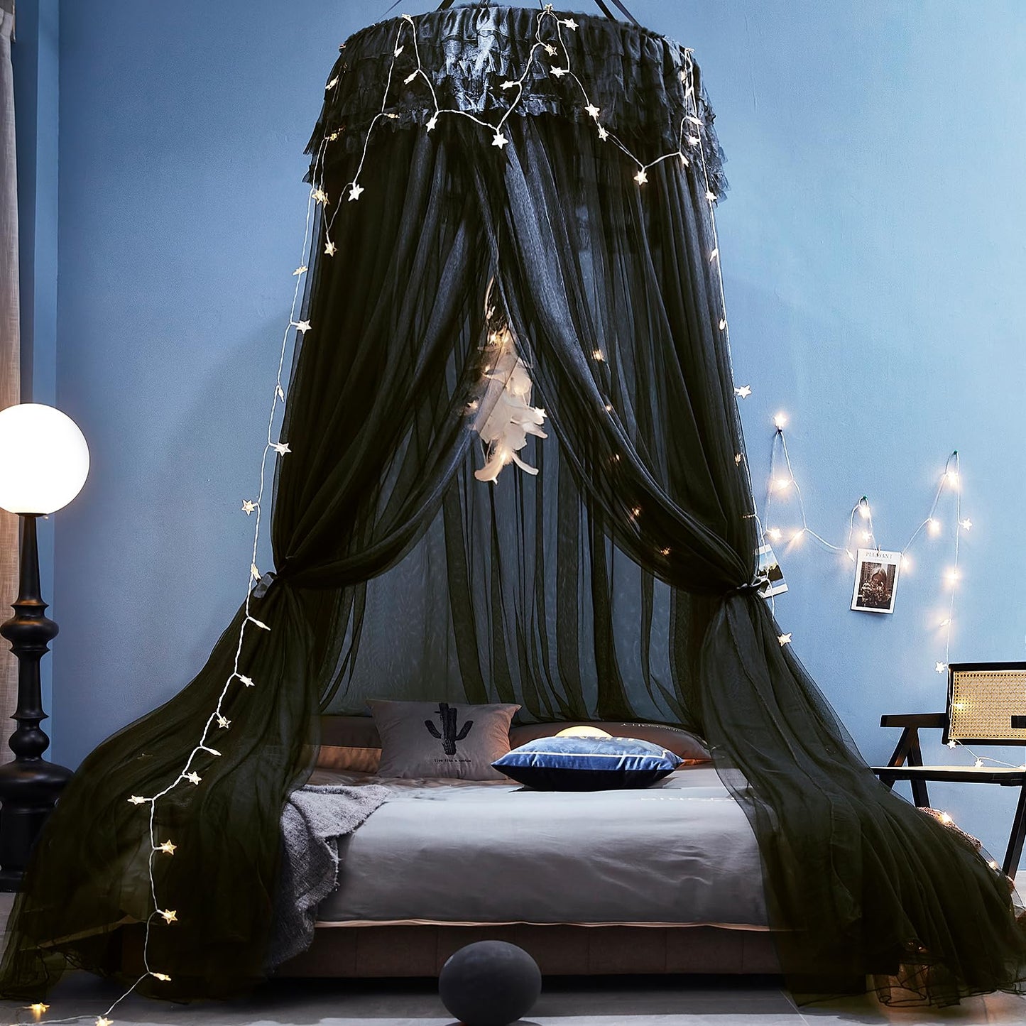 Kertnic Dreamy Bed Canopy for Girls, Princess Canopy Curtains Double Layer Sheer Mesh, Adults Canopies Netting Room Decor Tent Mosquito Net for Queen King Bed (Double Layer-Black)