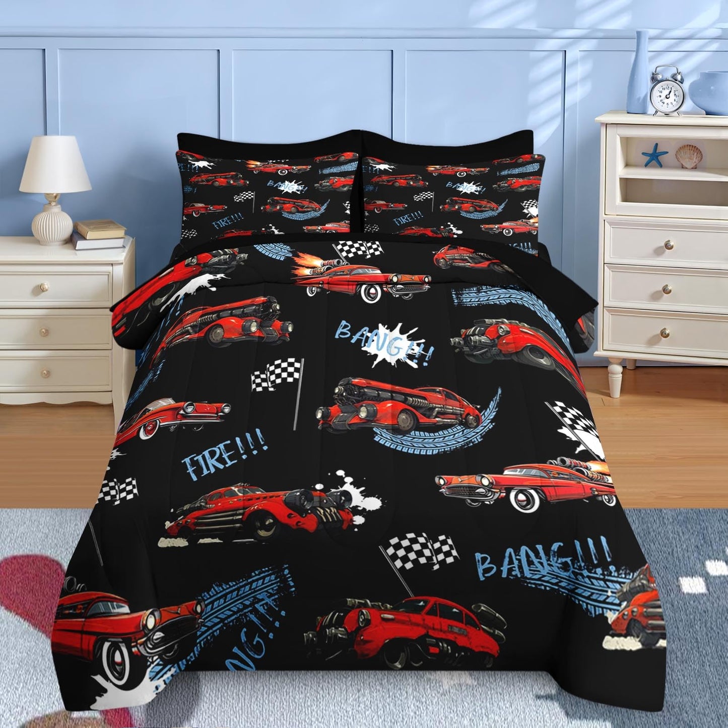 Nesker 5 Pcs Car Comforter Set Twin Size, Rad Race Car Boys Bedding Black Bed in a Bag for Kids and Adults, Retro Cool Truck Bed Sheet Sets with Fitted Sheet Pillowcases & Shams