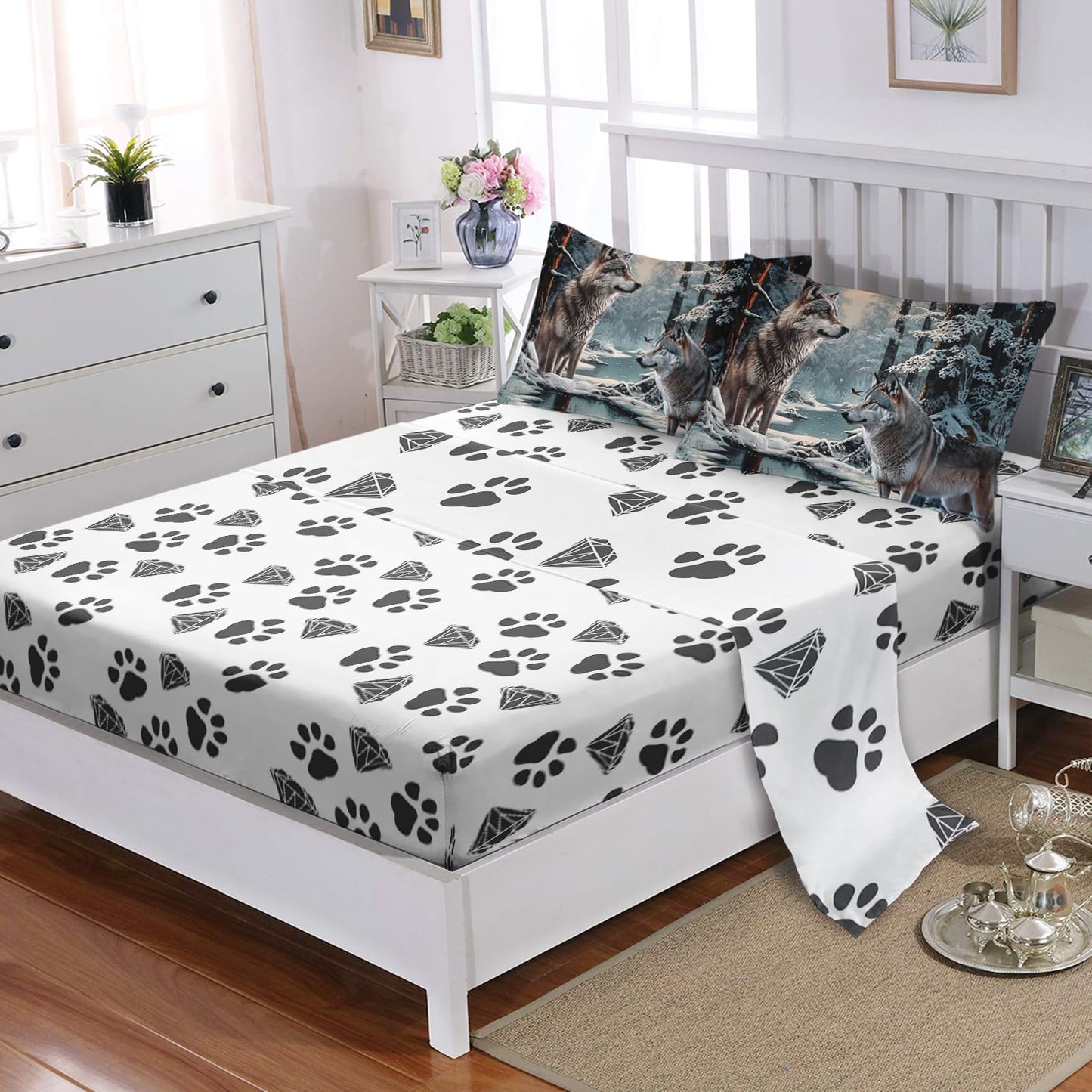 AILONEN Snow Wolf Comforter Set Full Size,7-Piece Soft Bed in a Bag,Snowfield Forest Animals Printed Comforter & Fitted Sheet & Flat Sheet & 2 Pillowcases,2 Pillow Shams for Kids Boys Adults