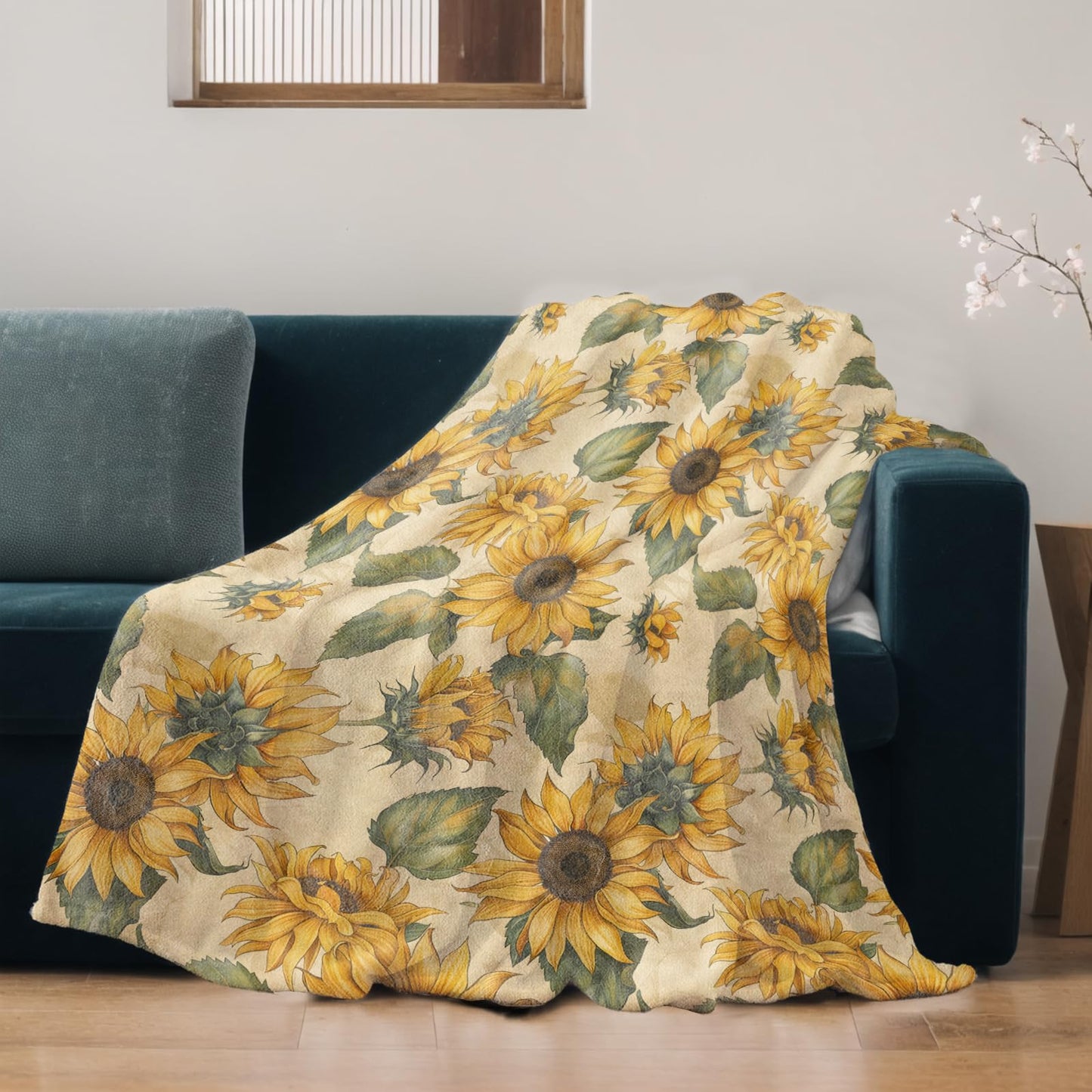 qxfqxf Vibrant Sunflower Blanket Lightweight Blankets Gifts for Women Flannel Throw with Floral and Green Leaves on Warm Beige Background Printed for Sofa, Bed, Travel, Decor Throws 60x50 Inch