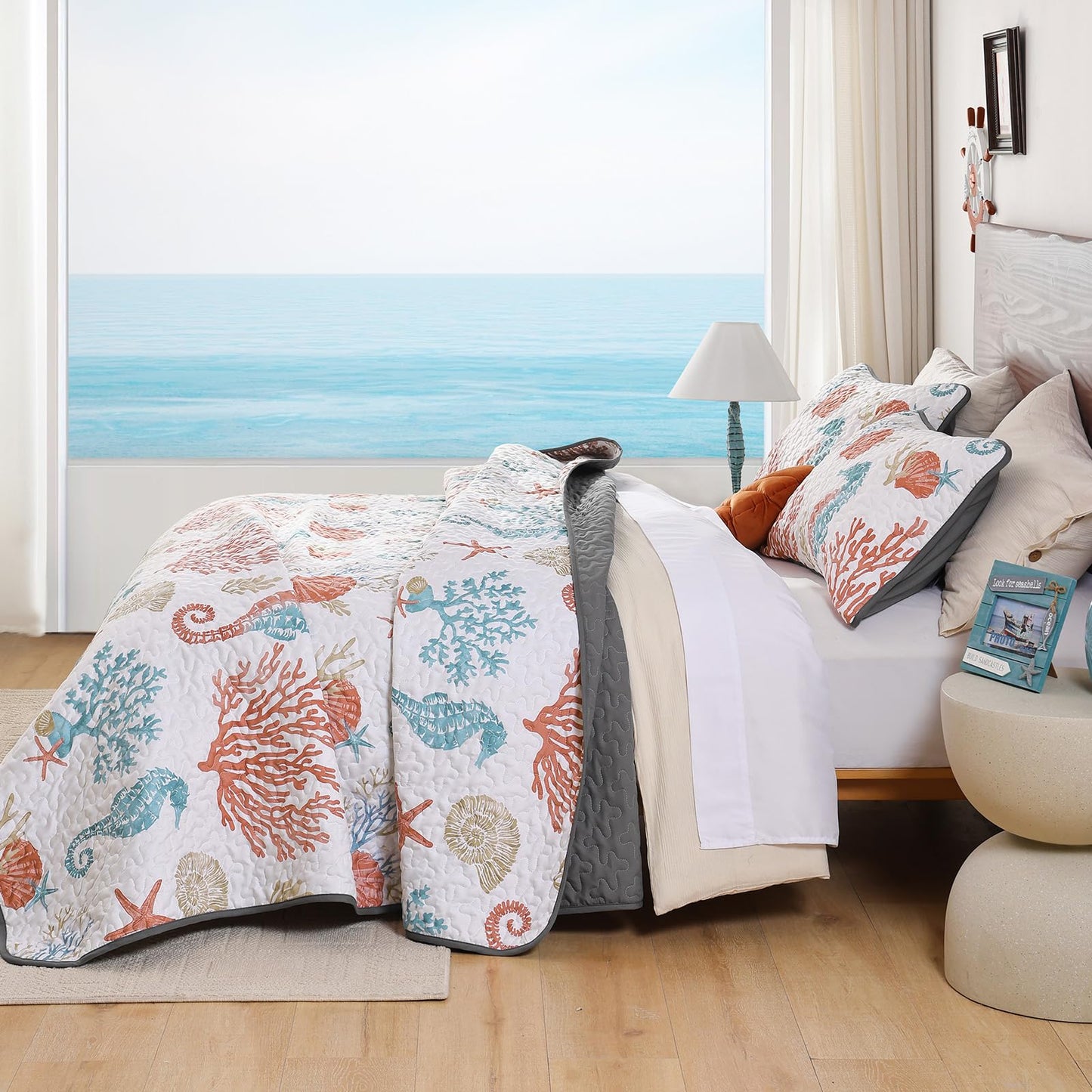DJY Coastal King Size Quilt Set 3 Pcs, Ocean Beach Theme Bedding with Pillowcases, Summer Orange Reversible Microfiber Comforter Set Lightweight Nautical Bedspread Coverlet Set for All Season