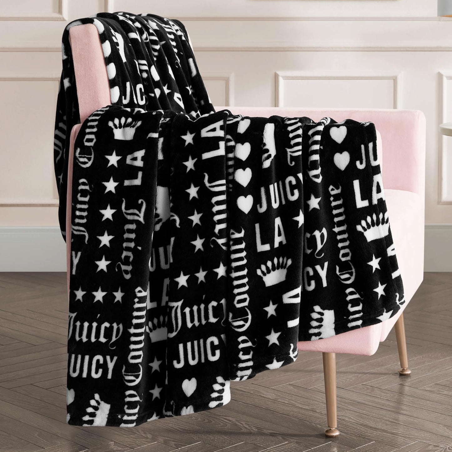 Juicy Couture - Throw Blanket | Crown Royal | Plush and Cozy | Decorative Blankets for Sofas, Chairs and Beds| Luxurious and Soft | Chic Home Decor | Measures 50" x 70" | Black/White