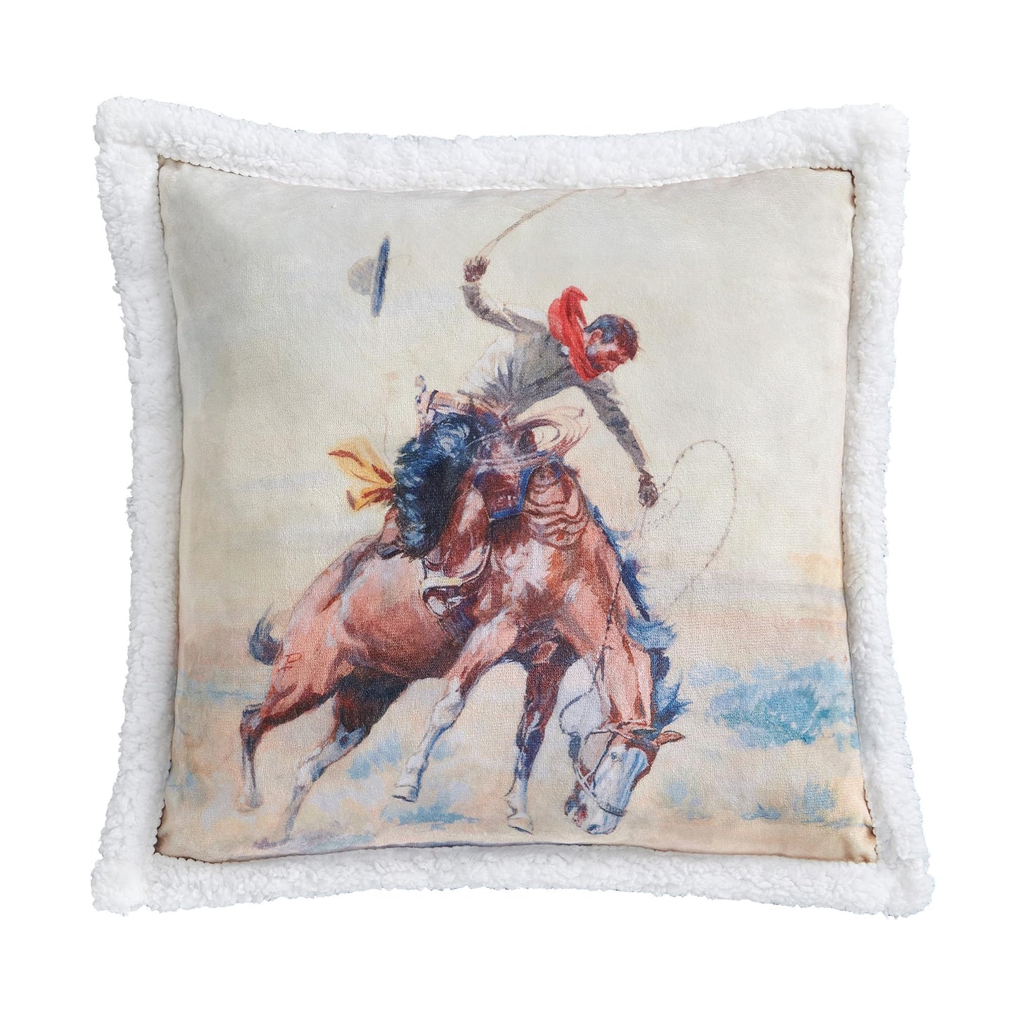 Indigo Hill by HiEnd Accents Buster 3 Piece Sherpa Western Throw Blanket Set, Cowboy Horse Print, Cream Blue Fleece Western Blanket with Pillows, Rustic Southwestern Style, 1 Throw and 2 Pillows