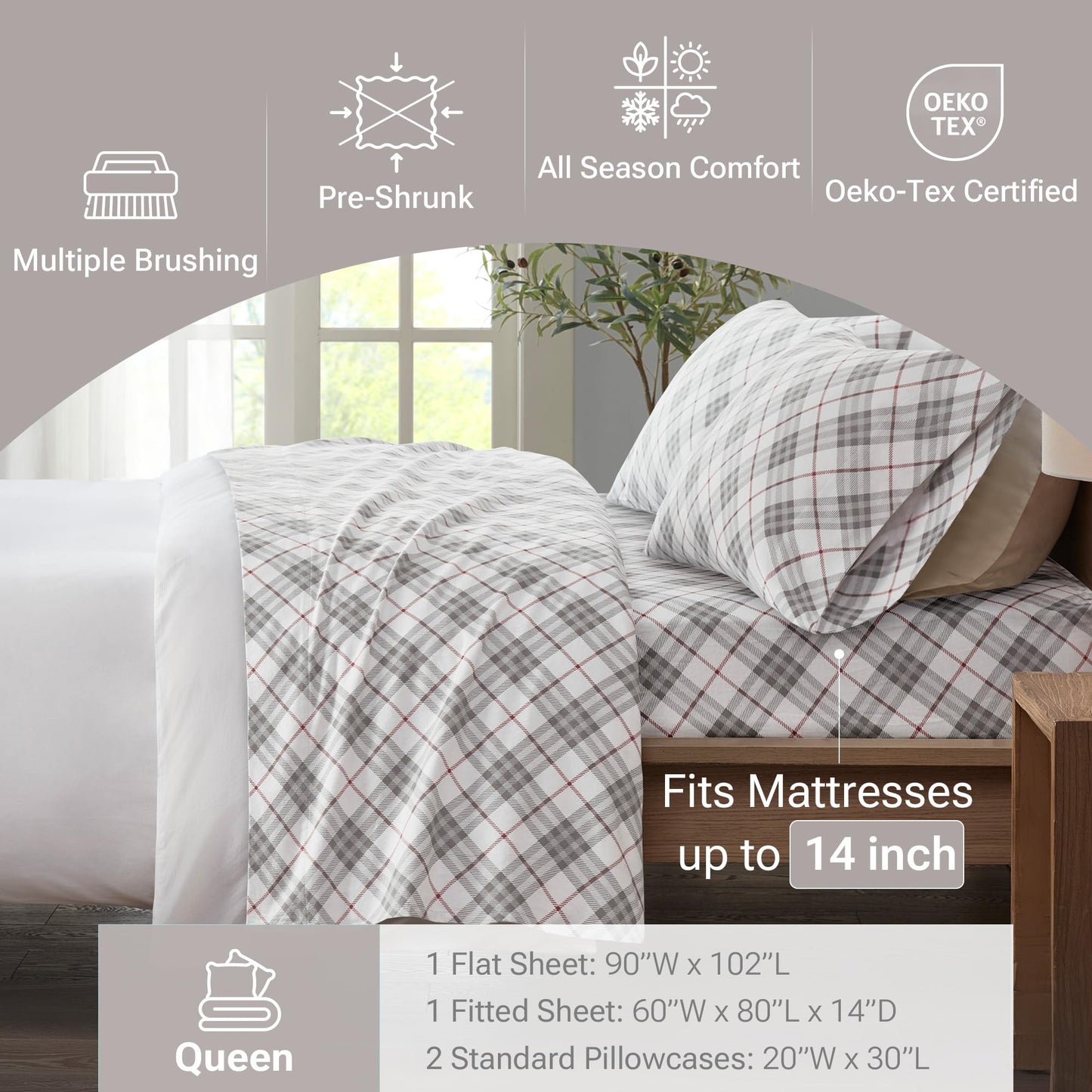 True North by Sleep Philosophy Cozy Flannel Warm 100% Cotton Sheet - Novelty Print Animals Stars Cute Ultra Soft Cold Weather Bedding Set, Queen, Red Plaid 4 Piece