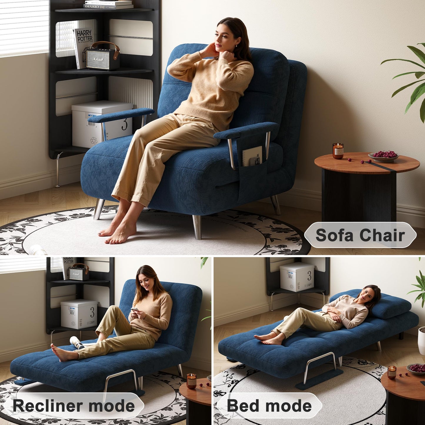 Vakdle 5-in-1 Chenille Convertible Sofa Bed with 5-Position Adjustable Backrest Sleeper Sofa Chair with Armrest Storage Pocket Mid-Century Style Sleeper Chair for Living Room