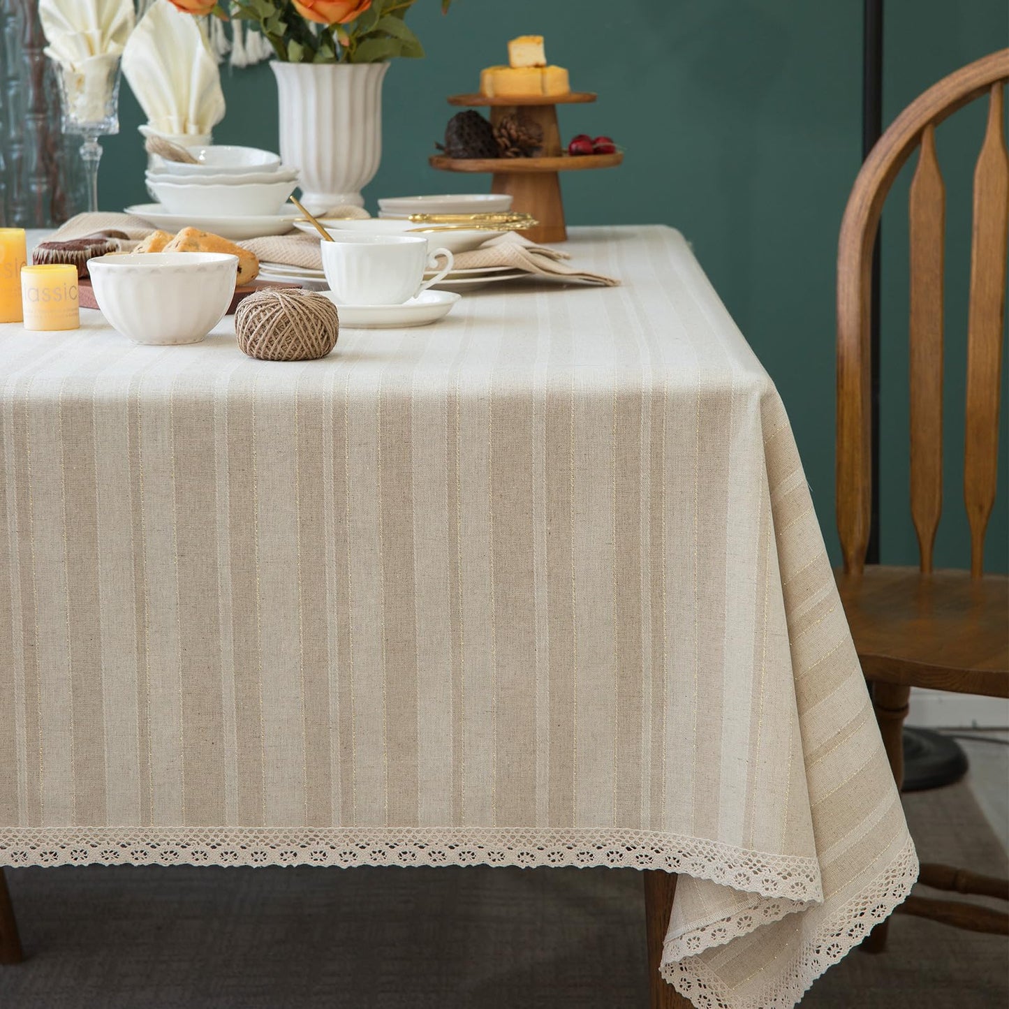 Linen Textured Rectangle/Oblong Tablecloth with Lace Trim Yarn-dyed Golden Purl StripeTable Cover for Buffet Banquet Parties Event Holiday Farmhouse Kitchen Dining Table Cloth Decor 52x70 In