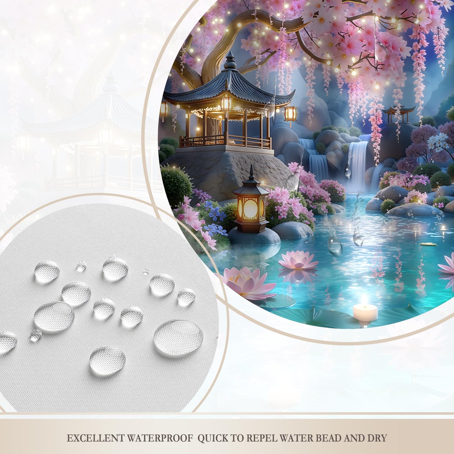Glawry Japanese Shower Curtain 60Wx72L Inches Pink Floral Cherry Blossom Spring Night Nature Waterfall Lotus Asian Aesthetic Bathroom Accessories Art Home Decor Fabric 12 Hooks