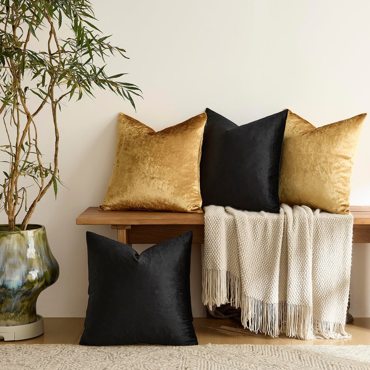 GIGIZAZA Decorative Throw Pillow Covers 18 x 18,Gold Black Soft, Set of 4 Square Velvet Cushion Covers