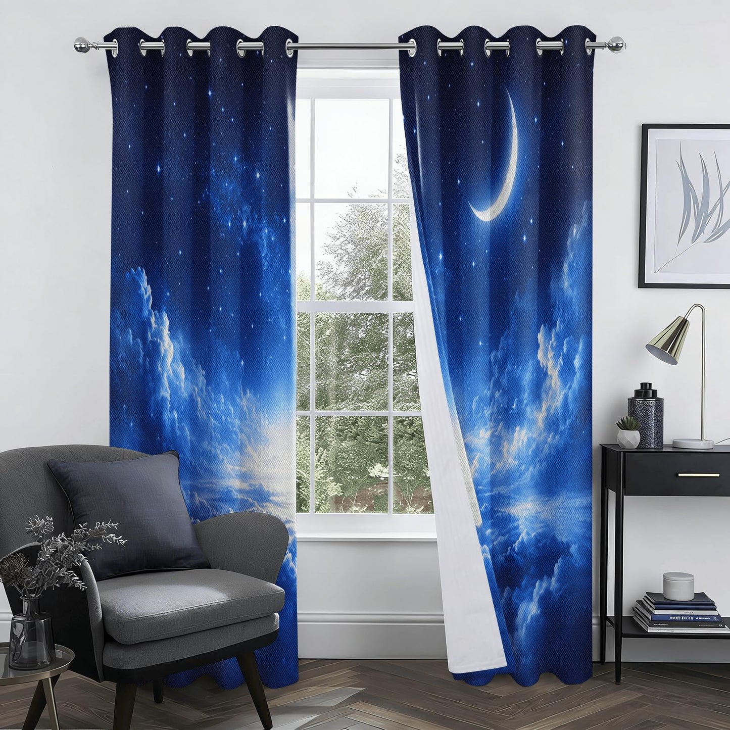 Dreamy Crescent Moon Clouds Blackout Curtains, Fantasy Starry Night Sky Room Darkening Window Drapes for Bedroom Living Room, Thermal Insulated Grommet Top Window Treatments, 2 Panels, 37" W x 63" L