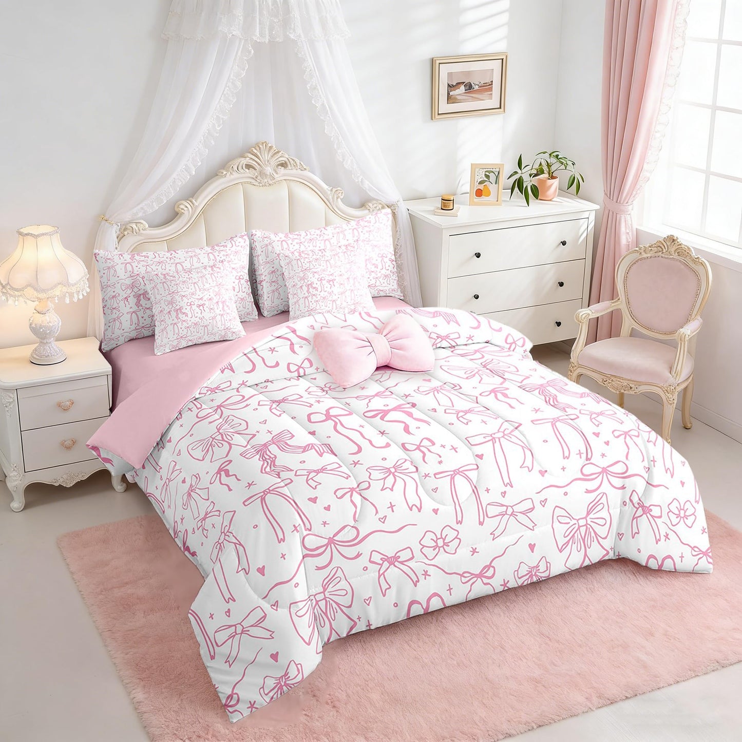 Pink Bowknot Kids Girls 7Pcs Comforter Set Full Size,Cartoon Hand Drawn Stars Love Bow Fitted Flat Sheet,Sweet Princess Style Bedding Set for Teens Woman Room Decor,Dreamy Pink White 4 Pillow Cover