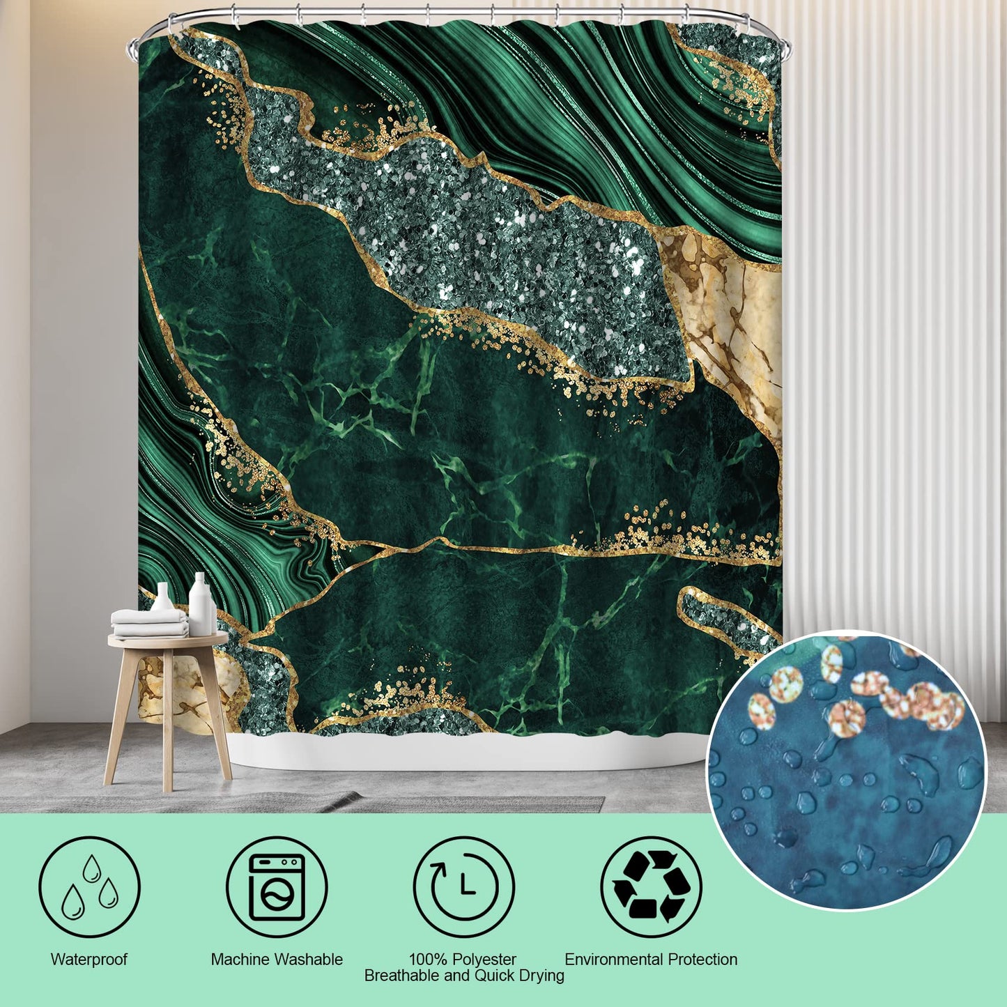 EMHOME 4PCS Marble Shower Curtain Sets, Modern Bathroom Sets With Toilet Lid Rug, Contour and Bath Mat, Luxury Bathroom Decor with 12 Hooks, 72 x 72 Inch, Green