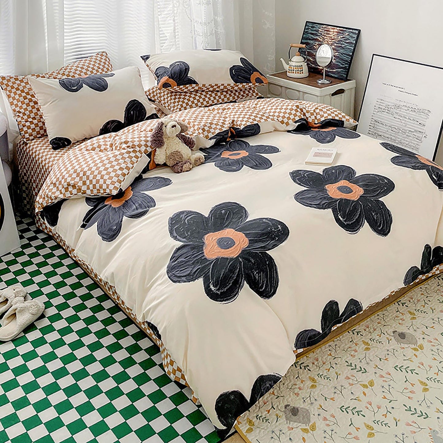 Luxlovery Boho Floral Comforter Set Queen Women Girls Black Sunflower Bedding Comforter Set Botanical Blanket Quilts Cute Beige Black Blossom Bedding Set for Queen Bed