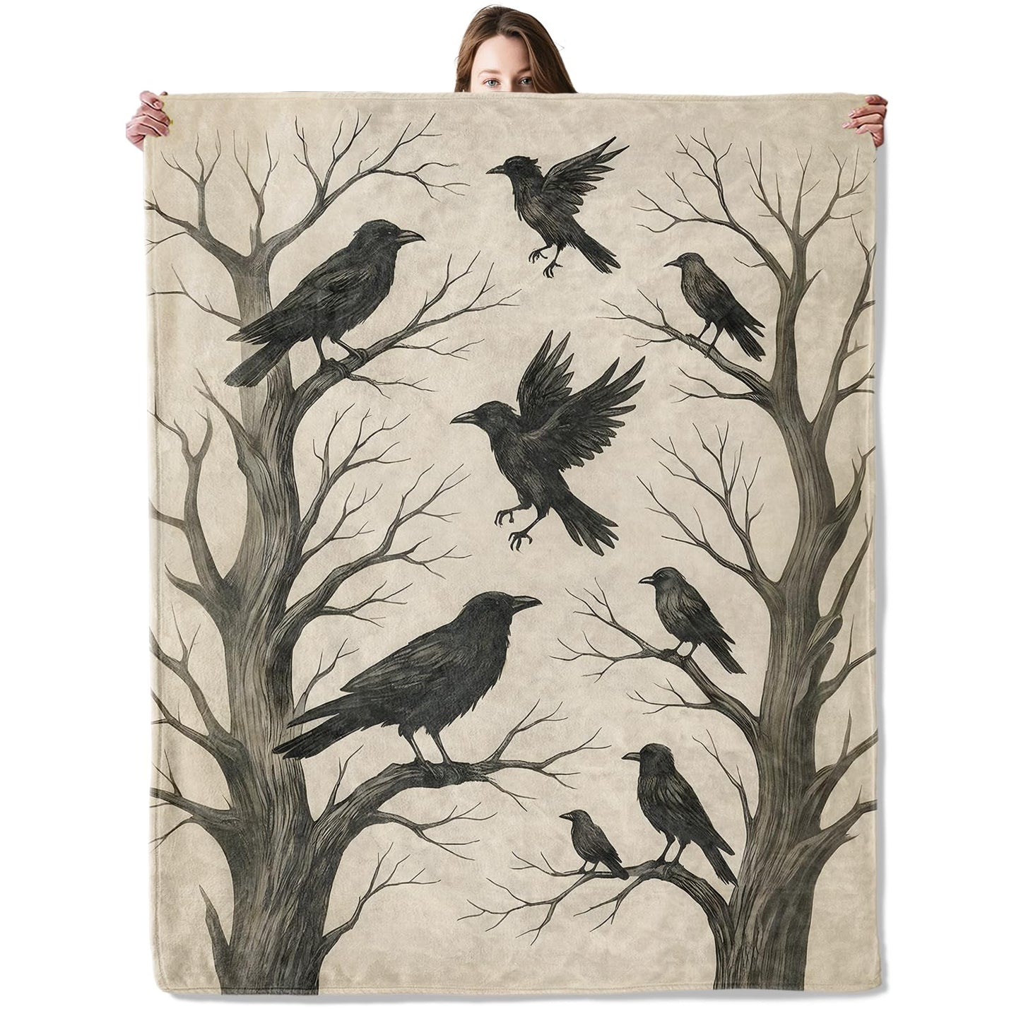 Gothic Crow Raven Blanket, Flannel Blankets Gifts for Boys Girls Adults, Warm Cozy Soft Fuzzy Throw for Couch, Bed, Room Decor 50x60 in