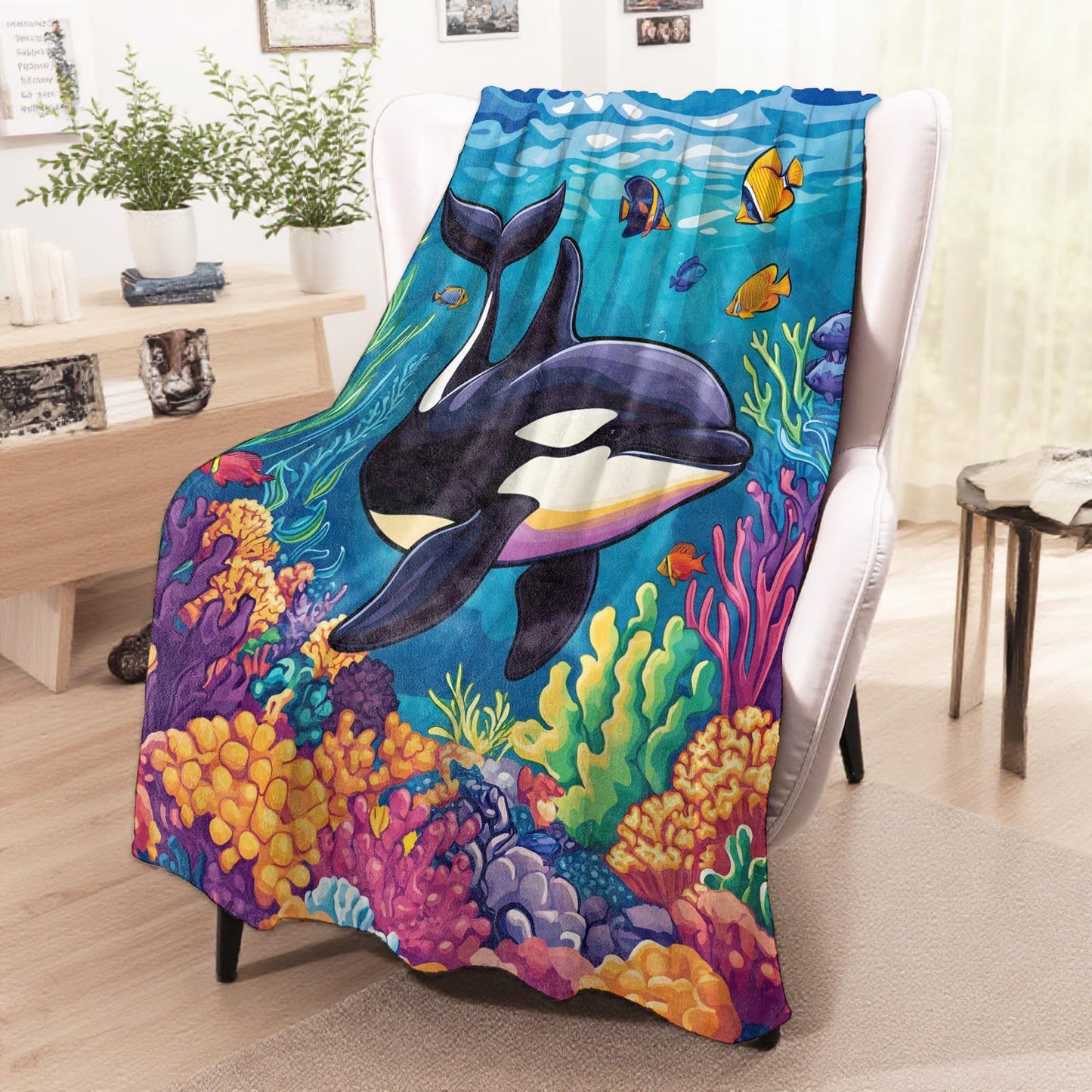 wyxdwh Playful Killer Whale Blanket, Cozy Flannel Fun Orca Throw Blanket for Couch Outdoor, Plush Soft Lightweight Travel Marine Life Blankets for Bed Decor and Gifts, for Women Kids Adults 50"x60"