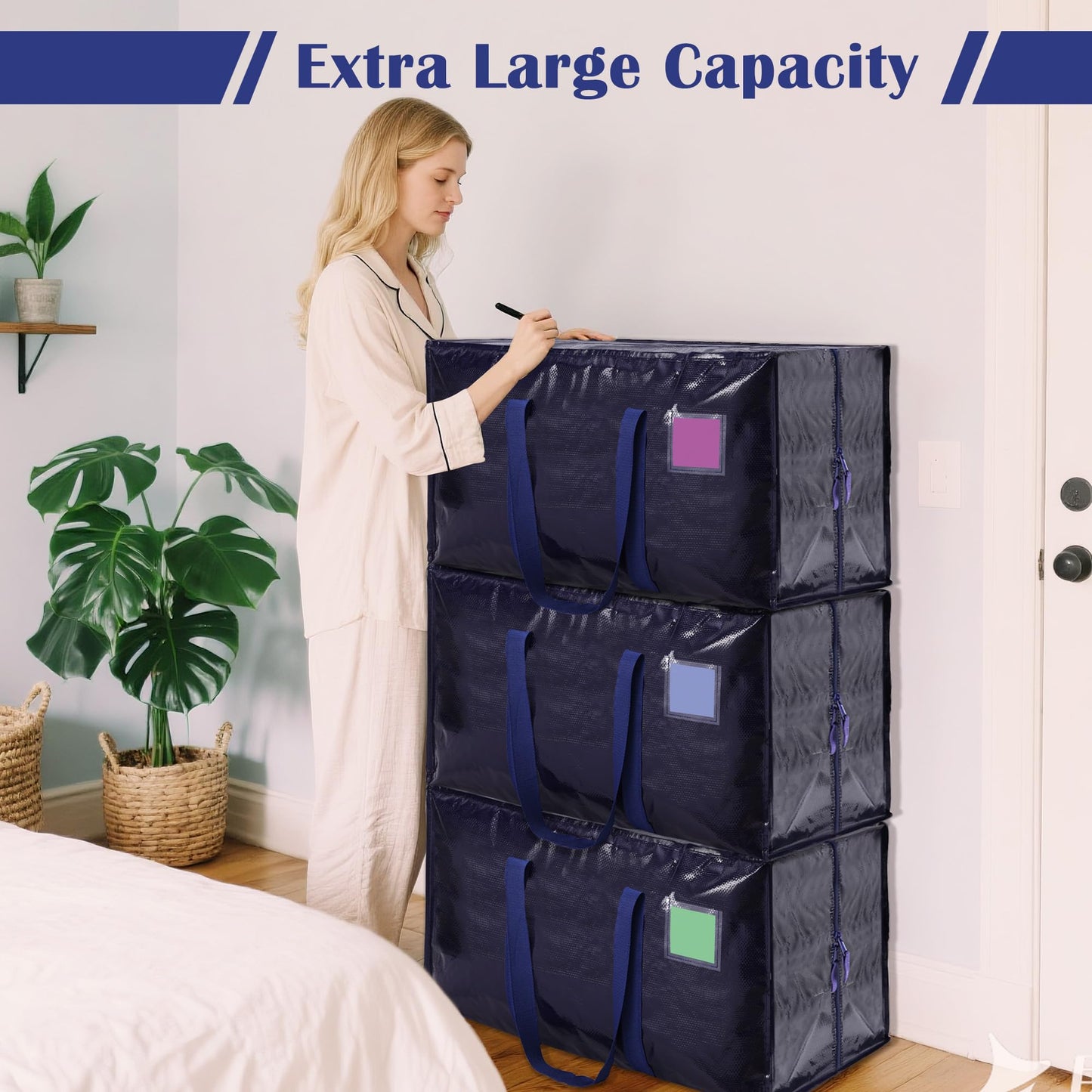 RMOHRO 6 Pack Moving Bags Heavy Duty 210GSM with Full-Open Side Zipper, 93L 220lbs Waterproof Foldable Storage Totes for College Dorm Move-In, Moving Boxes Alternative & Home Organization, Blue