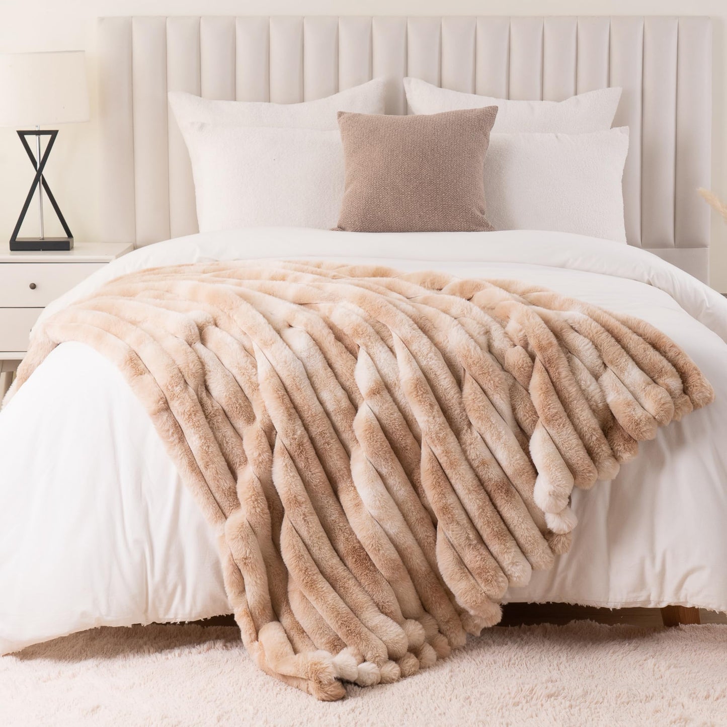 Battilo Beige Throw Blanket for Couch, Cozy Warm Plush Striped Rabbit Fur Throw Blanket for Bed, Super Soft Fuzzy Faux Fur Blanket for Living Room Bedroom, Home Decor & Gifts, 50"x60"