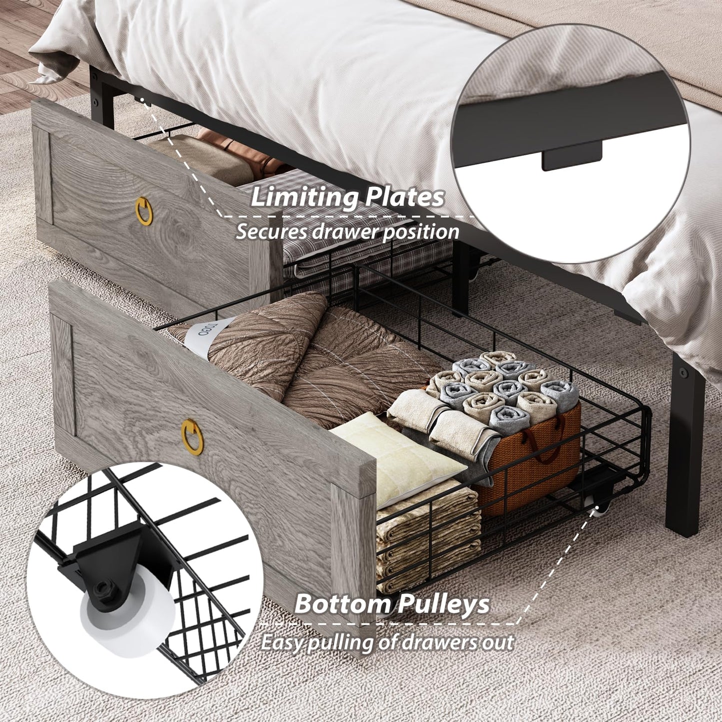 TIGUBFRE Full Bed Frame with Storage Headboard, Farmhouse Wood Bed Frame Full Size with 4 Drawers, LED Light & Charging Station, Metal Slats Support, Noise Free, No Box Spring Needed, Rustic Gray