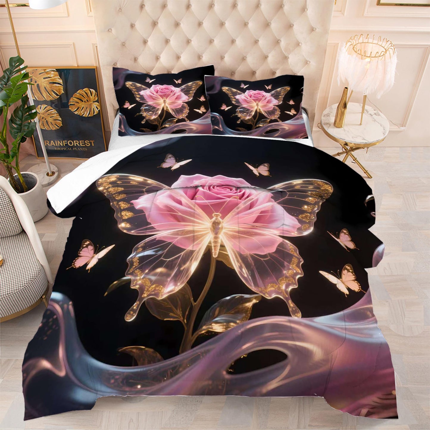 CERYUEE Butterfly Bedding Set Butterfly Twin Comforter Set for Girls Kids Woman 3D Pink Rose Flower Quilt for Bedroom Decor Black Cute Bedding 1 Comforter + 1 Pillow Case