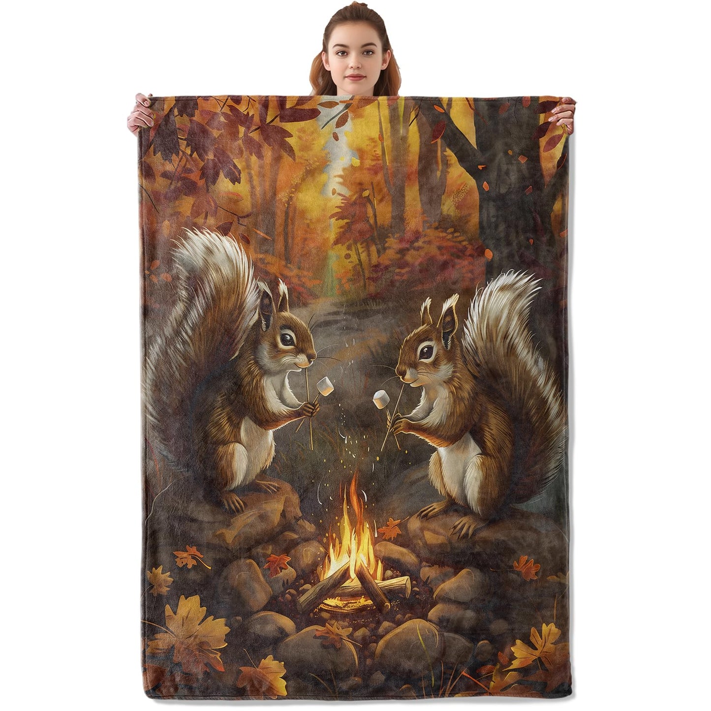 Kibue Camping Squirrel Blanket Warm & Cozy Flannel Throw Blanket - Soft Plush Lightweight Blankets for Travel, Sofa, Bedroom, Office, Home Decor for Adults Kids Women 60"×50"