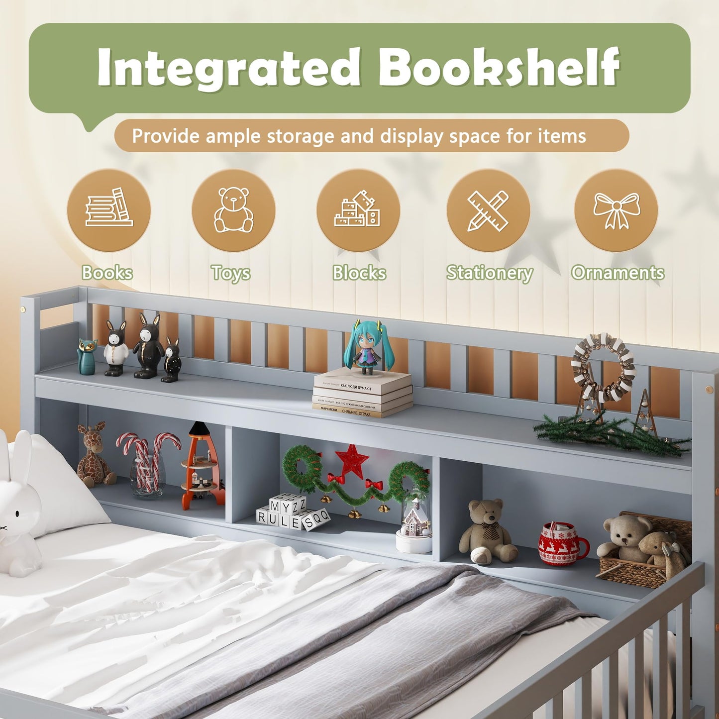 mikibama Full Size Montessori Floor Bed with Bookcase for Kids, Grey