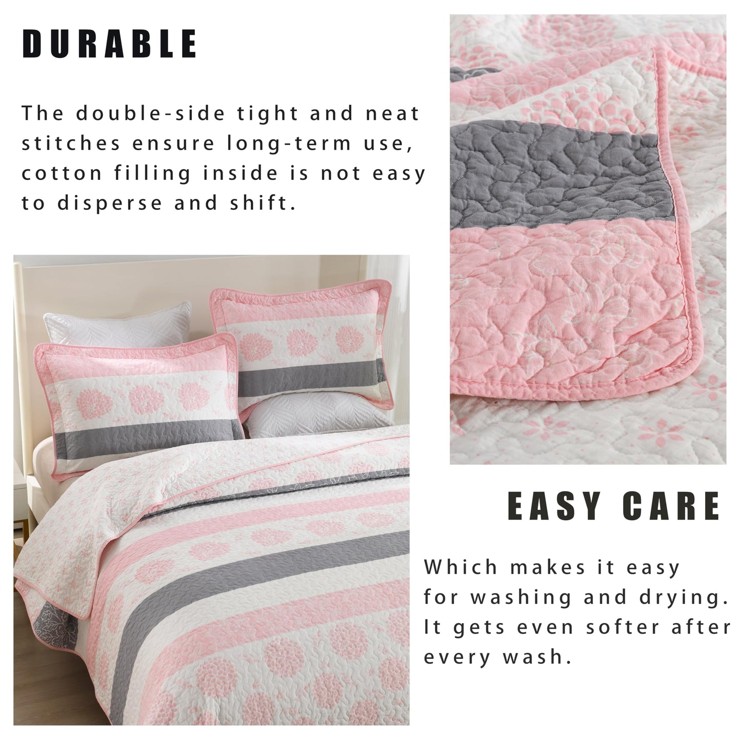 Homzard 100% Cotton Quilts Queen Size, Floral Pink Comforter Set Queen Size,Pink White Grey Bedding Set,Lightweight Floral Pattern Bedspread Set 3 Piece All Season Coverlet