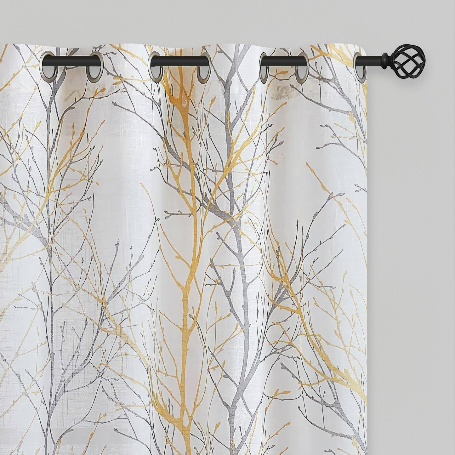 FMFUNCTEX Linen Semi Sheer Curtains for Bedroom, Yellow White Curtains 84 Inches Long for Living Room, Grey Tree Branch Print Curtain Light Filtering Farmhouse Window Drapes, Grommet Top 2 Panels