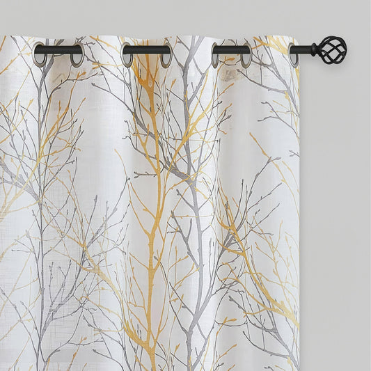 FMFUNCTEX Linen Semi Sheer Curtains for Bedroom, Yellow White Curtains 84 Inches Long for Living Room, Grey Tree Branch Print Curtain Light Filtering Farmhouse Window Drapes, Grommet Top 2 Panels