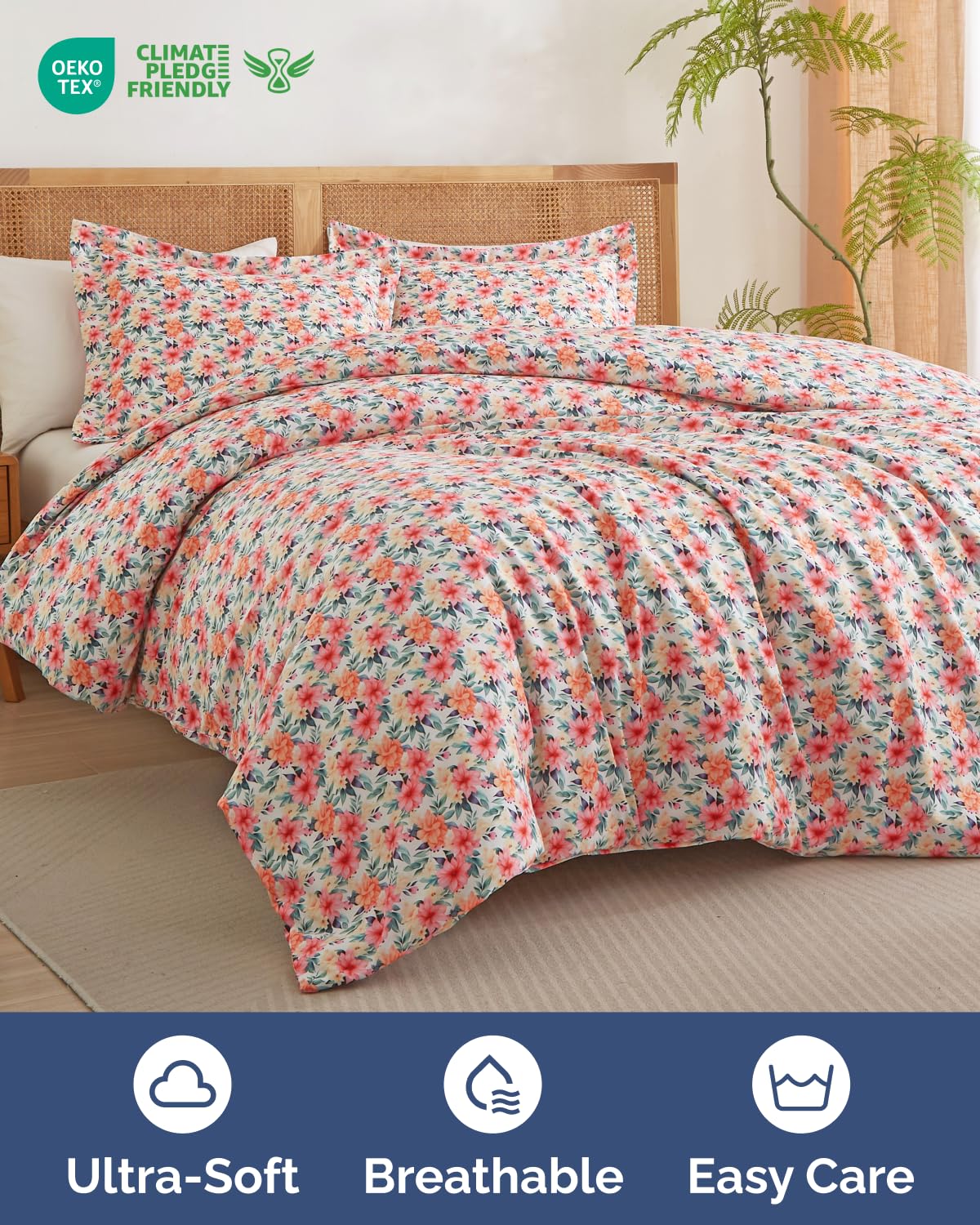 Duvet Cover Twin/TXL Size Set - Extra Soft Floral Duvet Cover 68 x 90 with 1 Pillow Sham - Comfy, Breathable Floral Bedding Set - Hotel Luxury & Fade Free with Zipper Closures & Ties - Blush Bouquet
