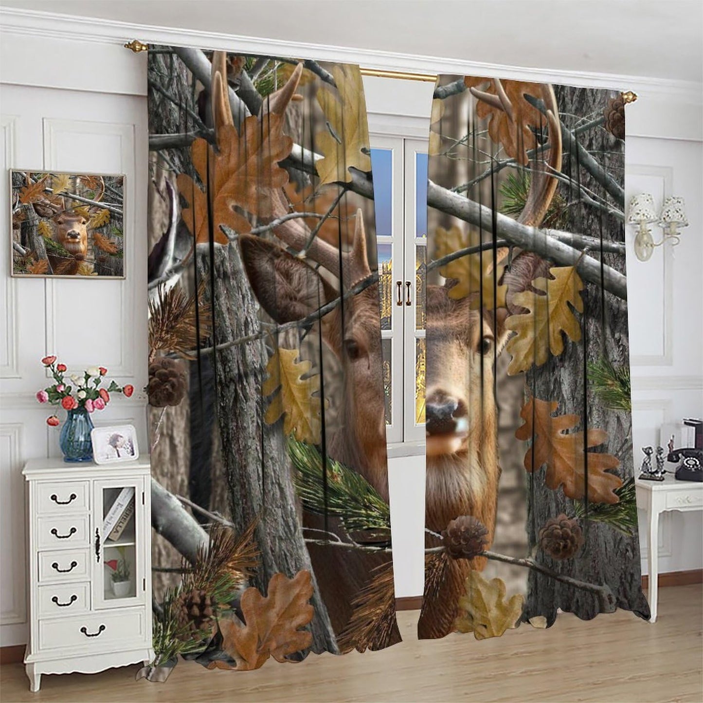 Yearn Jear Forest Camouflage Deer Curtains, Forest Camo Oak Branches Leaves Mossy Hunting Lodge Camp Cabin Theme Windows Door Curtain for Bedroom Living Room Home Decor 42x45in Decor
