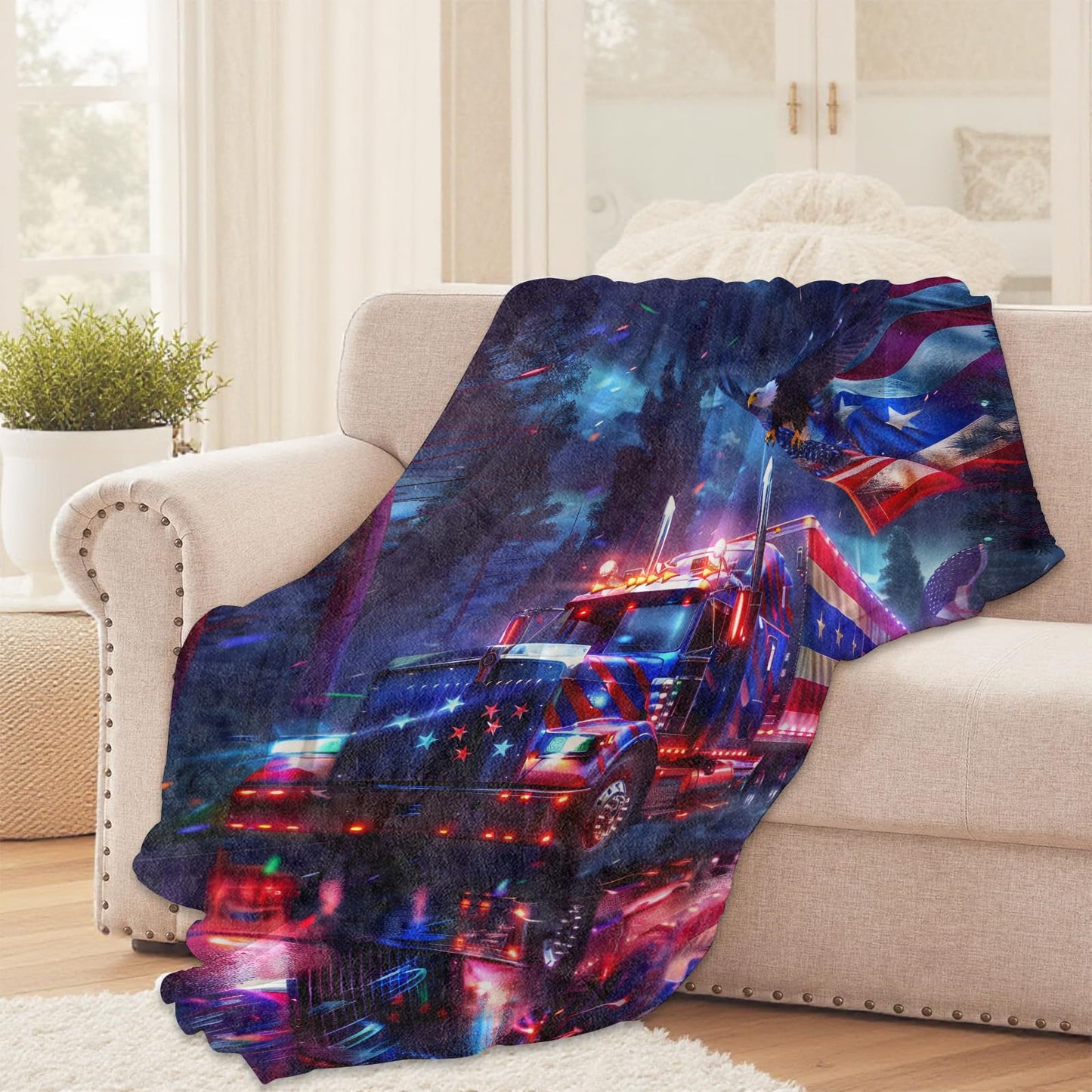 SIUKUS Patriotic Truck and Eagle Flannel Throw Blanket for Bedroom Camping,American Flag and Bird Decorative Blankets,Soft Lightweight Throws,Thoughtful Gifts for Men Veterans Patriot,50x60 Inch