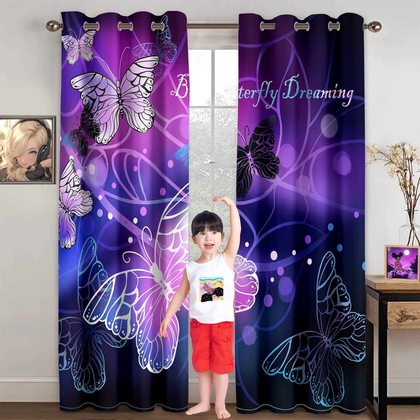 Kossmjx Butterfly Window Curtain Panels Purple Blackout Girls Curtains for Bedroom 2 Panels Curtains 84 inch Length for Girls Bedroom Nursery Room, 82" x 84"
