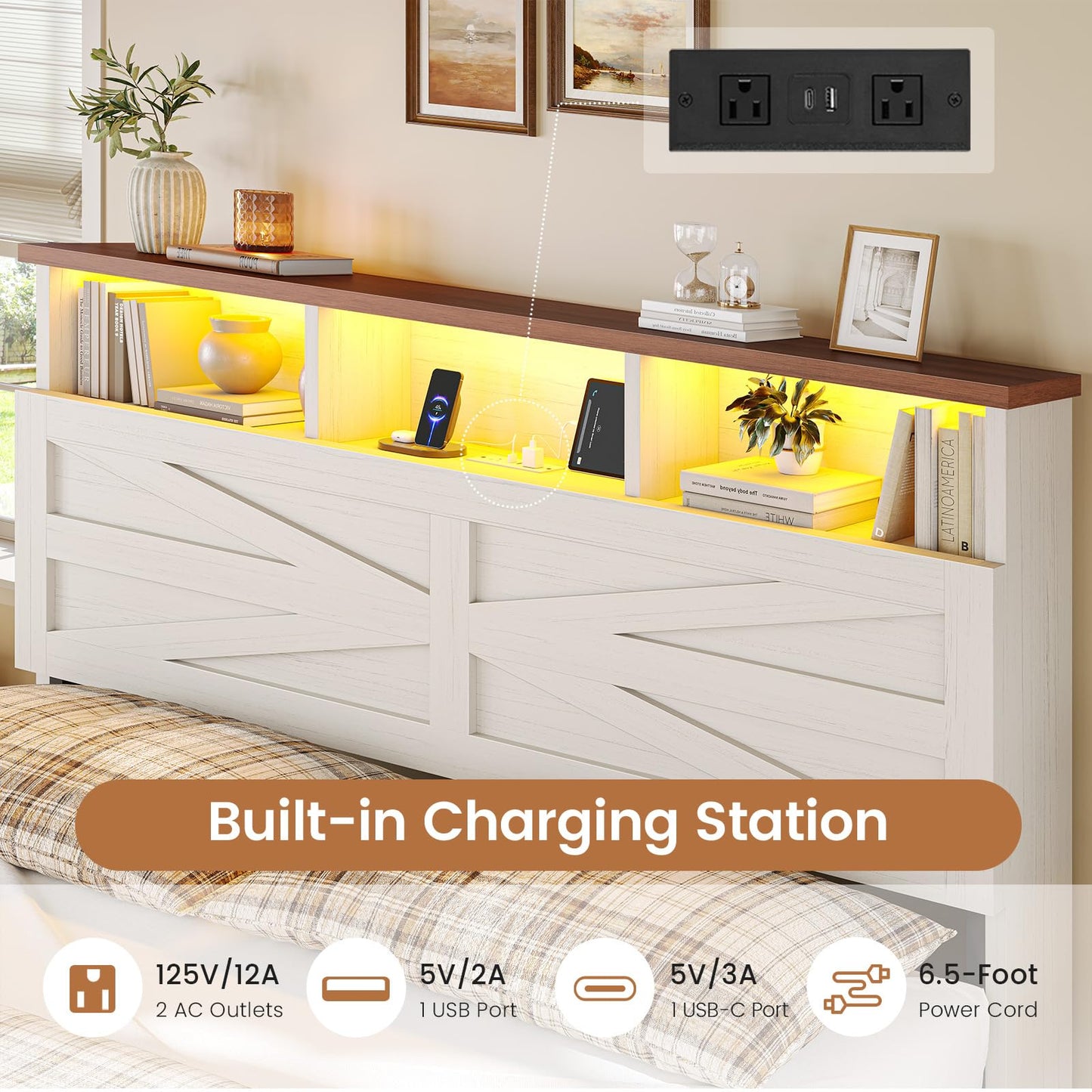 VIAGDO Full Size Bed Frame with 6 Drawers, Farmhouse Bed Frame with Barn Door Headboard and Storage, Wood Platform Bed Frame Full Size with Charging Station and LED Lights, No Box Spring Needed, White