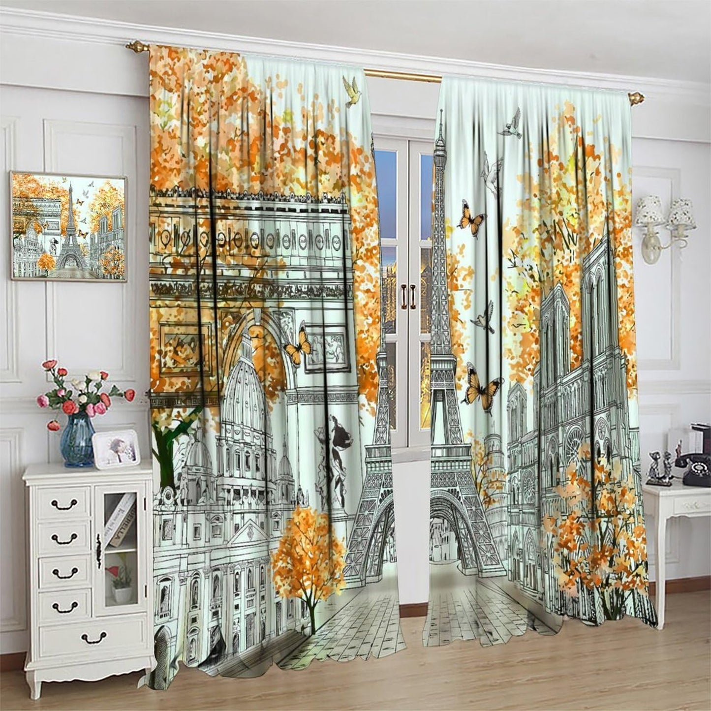 TYVGICZ Yellow Paris Curtains, Landscape Architecture City Scenery Eiffel Tower Landmark Famous Cityscape Romantic Window Treatments for Girls Living Room Kitchen Bathroom 2 Panel, 42x45 Inch