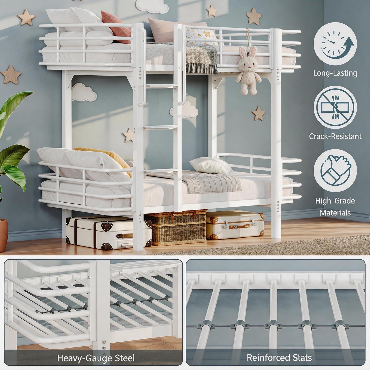Einhomn Curved Metal Bunk Bed Twin Over Twin, Heavy Duty Bunkbeds with Safety Guardrails, Ladder with Built-in Handrails & Wide Steps, Space-Saving Design for Kids, Teens & Adults
