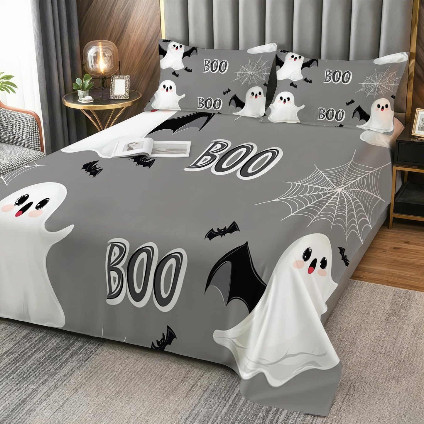Halloween Sheets Twin Size - Gothic Spooky Ghost Spiderwebs Bed Sheet Set - Deep Pocket Soft Microfiber Bedding Set 3 Piece - Fitted Flat Sheet Pillowcase - Halloween Bedroom Decor & Gifts