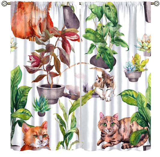 Watercolor Cat Curtain,Funny Cute Whimsical Cat Green Botanical Print Decor Rod Pocket Window Treatments,for Kids Living Room Bedroom Playroom Kitchen Cafe Style-3 42" W X 45" L