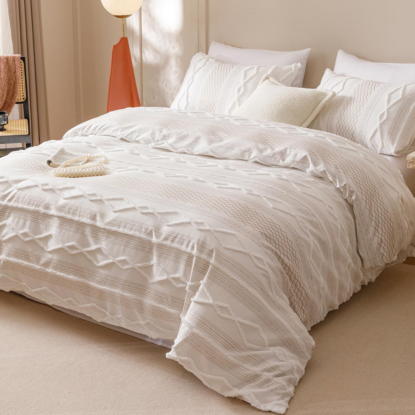 KAREVER Ivory Boho Comforter Set Full Mixed Textures Jacquard Bedding Set Durable Chic and Stylish Bedroom Set