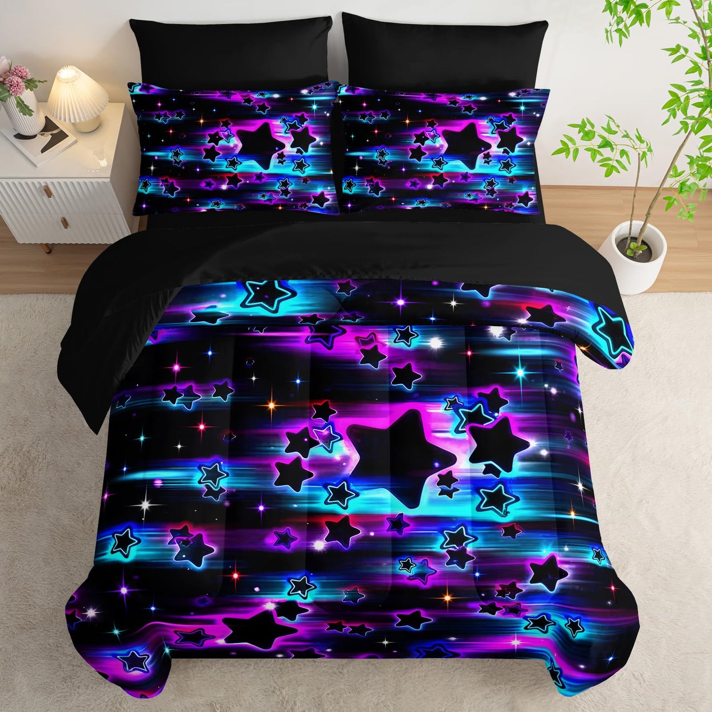 Nttopship Purple Galaxy Bedding Set Full Size 7Pieces,Star Comforter Bed in a Bag Twin Galaxy Printed Space Themed Comforter Set for Girls All Seasons with Pillowcases,Flat, Fitted Sheet