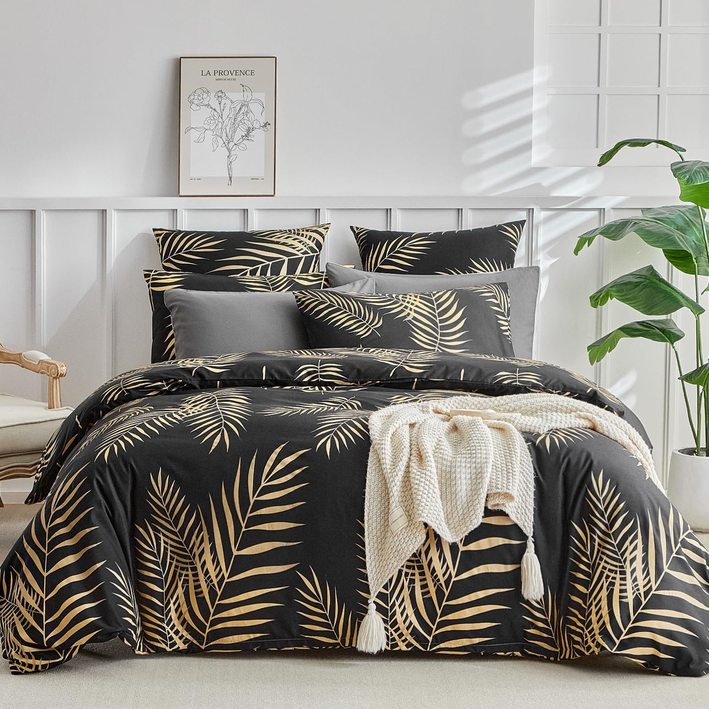 Lekesky King Duvet Cover Set, Black and Gold Tropical Palm Leaf Pattern Comforter Cover King Size, 3 Pieces Soft Microfiber Bedding Sets with Zipper & 2 Pillowcases, Comforter Not Included