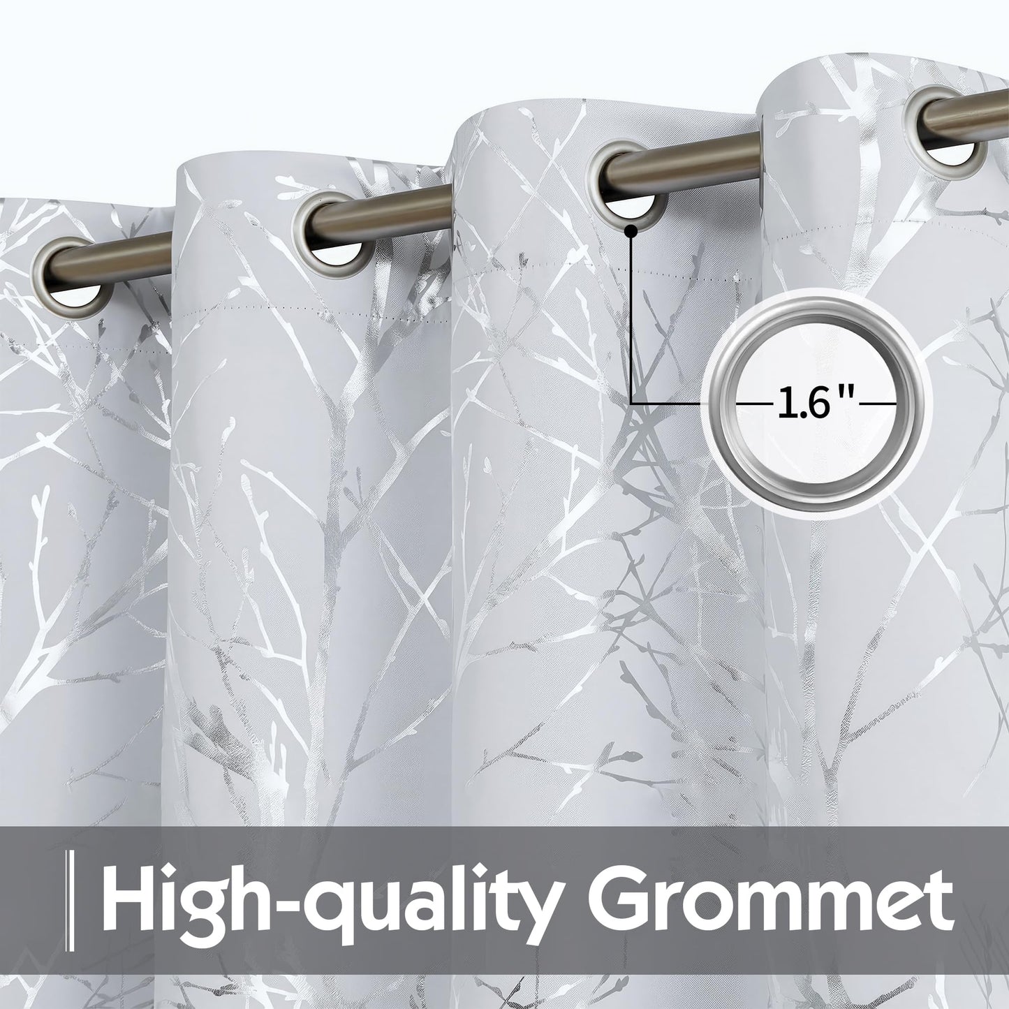 FMFUNCTEX 100% Blackout Curtains Siver Tree Branch Curtains for Living Room, Curtains 84 Inches Length Metallic Print Curtain for Bedroom, Room Darkening Drapes for Home Office Grommet Top 2 Panels